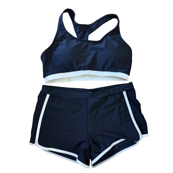 Yonique Black & White Racerback Sports Bra And Shorts Set Medium Swimwear‎ Beach - Picture 1 of 7